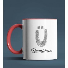 Kişiye Özel Ü Harfi Temalı Kara Kalem Tasarım Kırmızı Renk Kupa