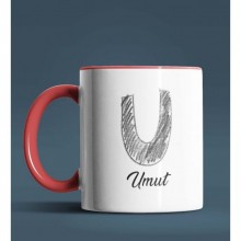 Kişiye Özel U Harfi Temalı Kara Kalem Tasarım Kırmızı Renk Kupa
