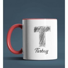 Kişiye Özel T Harfi Temalı Kara Kalem Tasarım Kırmızı Renk Kupa