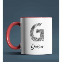 Kişiye Özel G Harfi Temalı Kara Kalem Tasarım Kırmızı Renk Kupa