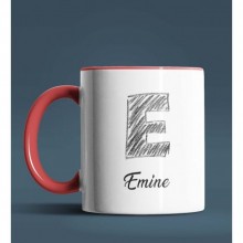 Kişiye Özel E Harfi Temalı Kara Kalem Tasarım Kırmızı Renk Kupa
