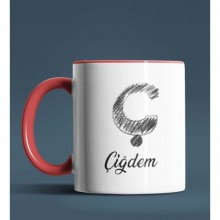 Kişiye Özel Ç Harfi Temalı Kara Kalem Tasarım Kırmızı Renk Kupa