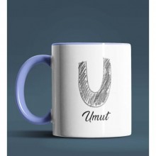 Kişiye Özel U Harfi Temalı Kara Kalem Tasarım Mavi Renk Kupa
