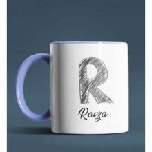 Kişiye Özel R Harfi Temalı Kara Kalem Tasarım Mavi Renk Kupa