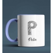 Kişiye Özel P Harfi Temalı Kara Kalem Tasarım Mavi Renk Kupa