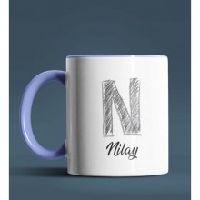 Kişiye Özel N Harfi Temalı Kara Kalem Tasarım Mavi Renk Kupa