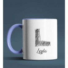 Kişiye Özel L Harfi Temalı Kara Kalem Tasarım Mavi Renk Kupa