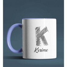Kişiye Özel K Harfi Temalı Kara Kalem Tasarım Mavi Renk Kupa