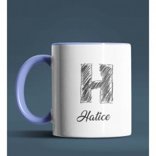 Kişiye Özel H Harfi Temalı Kara Kalem Tasarım Mavi Renk Kupa