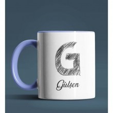 Kişiye Özel G Harfi Temalı Kara Kalem Tasarım Mavi Renk Kupa