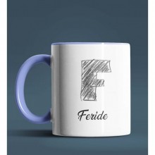 Kişiye Özel F Harfi Temalı Kara Kalem Tasarım Mavi Renk Kupa