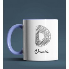 Kişiye Özel D Harfi Temalı Kara Kalem Tasarım Mavi Renk Kupa