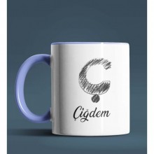 Kişiye Özel Ç Harfi Temalı Kara Kalem Tasarım Mavi Renk Kupa