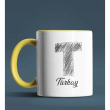 Kişiye Özel T Harfi Temalı Kara Kalem Tasarım Sarı Renk Kupa