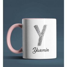 Kişiye Özel Y Harfi Temalı Kara Kalem Tasarım Pembe Renk Kupa
