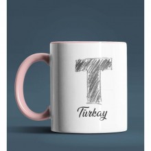 Kişiye Özel T Harfi Temalı Kara Kalem Tasarım Pembe Renk Kupa