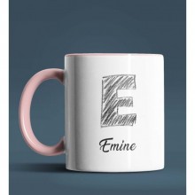 Kişiye Özel E Harfi Temalı Kara Kalem Tasarım Pembe Renk Kupa