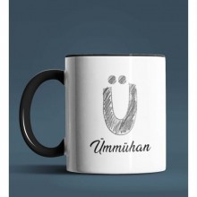 Kişiye Özel Ü Harfi Temalı Kara Kalem Tasarım Siyah Renk Kupa