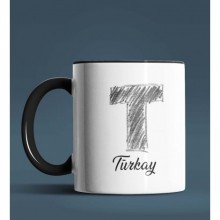 Kişiye Özel T Harfi Temalı Kara Kalem Tasarım Siyah Renk Kupa