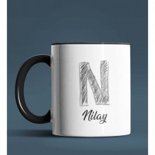 Kişiye Özel N Harfi Temalı Kara Kalem Tasarım Siyah Renk Kupa