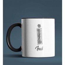 Kişiye Özel İ Harfi Temalı Kara Kalem Tasarım Siyah Renk Kupa