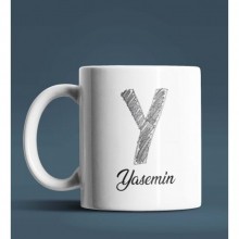 Kişiye Özel Y Harfi Temalı Kara Kalem Tasarım Beyaz Renk Kupa