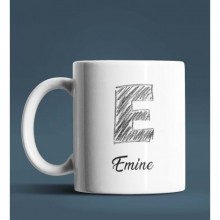 Kişiye Özel E Harfi Temalı Kara Kalem Tasarım Beyaz Renk Kupa