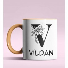 Kişiye Özel V Harfi Romantik Tasarım Turuncu Renk Kupa