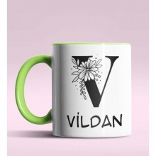 Kişiye Özel V Harfi Romantik Tasarım Yeşil Renk Kupa