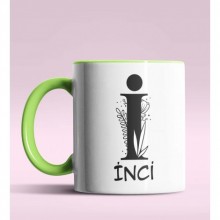 Kişiye Özel İ Harfi Romantik Tasarım Yeşil Renk Kupa