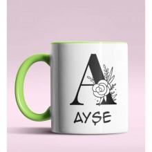 Kişiye Özel A Harfi Romantik Tasarım Yeşil Renk Kupa