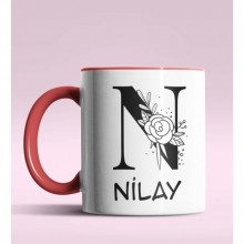 Kişiye Özel N Harfi Romantik Tasarım Kırmızı Renk Kupa