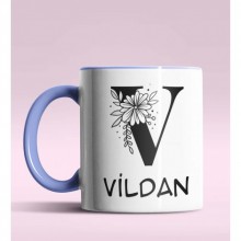 Kişiye Özel V Harfi Romantik Tasarım Mavi Renk Kupa