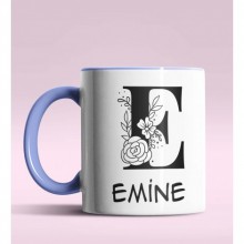 Kişiye Özel E Harfi Romantik Tasarım Mavi Renk Kupa