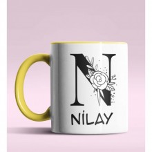 Kişiye Özel N Harfi Romantik Tasarım Sarı Renk Kupa