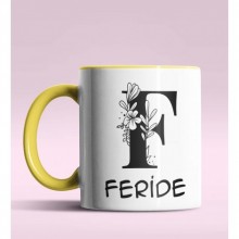 Kişiye Özel F Harfi Romantik Tasarım Sarı Renk Kupa