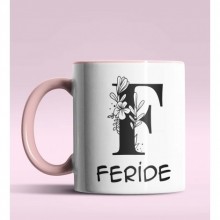 Kişiye Özel F Harfi Romantik Tasarım Pembe Renk Kupa