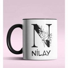 Kişiye Özel N Harfi Romantik Tasarım Siyah Renk Kupa