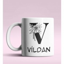 Kişiye Özel V Harfi Romantik Tasarım Beyaz Renk Kupa