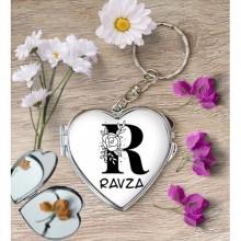 Kişiye Özel R Harfi Romantik Kalp Aynalı Metal Anahtarlık