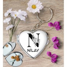 Kişiye Özel N Harfi Romantik Kalp Aynalı Metal Anahtarlık