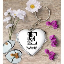 Kişiye Özel E Harfi Romantik Kalp Aynalı Metal Anahtarlık