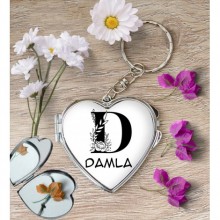 Kişiye Özel D Harfi Romantik Kalp Aynalı Metal Anahtarlık