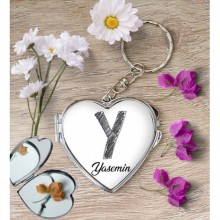 Kişiye Özel Y Harfi Kara Kalem Kalp Aynalı Metal Anahtarlık