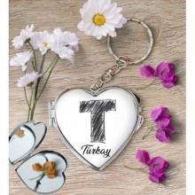 Kişiye Özel T Harfi Kara Kalem Kalp Aynalı Metal Anahtarlık