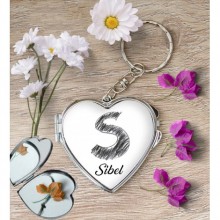 Kişiye Özel S Harfi Kara Kalem Kalp Aynalı Metal Anahtarlık
