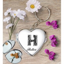 Kişiye Özel H Harfi Kara Kalem Kalp Aynalı Metal Anahtarlık