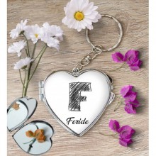 Kişiye Özel F Harfi Kara Kalem Kalp Aynalı Metal Anahtarlık