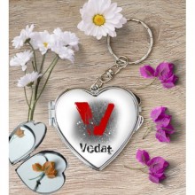 Kişiye Özel V Harfi Temalı Karakter Kalp Aynalı Metal Anahtarlık