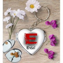 Kişiye Özel E Harfi Temalı Karakter Kalp Aynalı Metal Anahtarlık